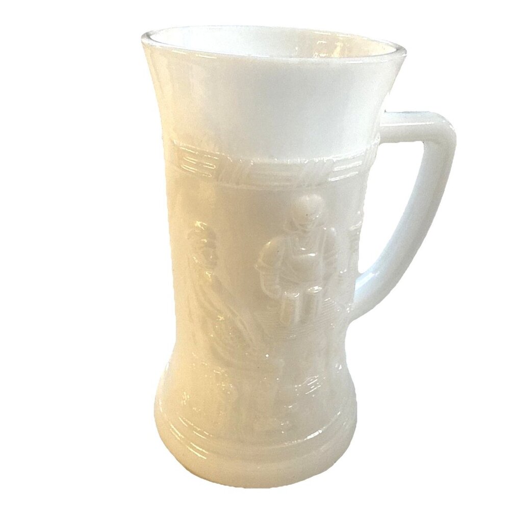 White Federal Milk Glass Vintage Stein Beer Mug Embossed Tavern Bar Pub Scene - Picture 3 of 8